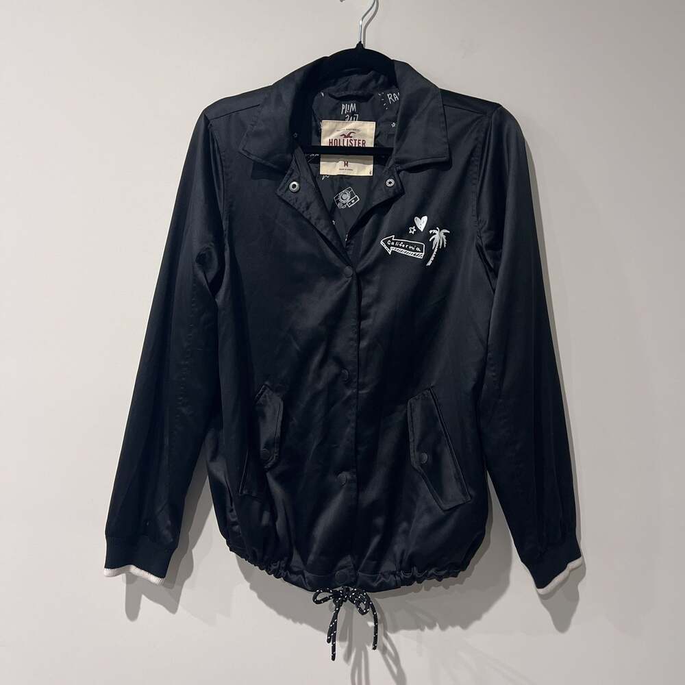 Hollister Women's Black Satin Snap-Button Lined Jacket Retro